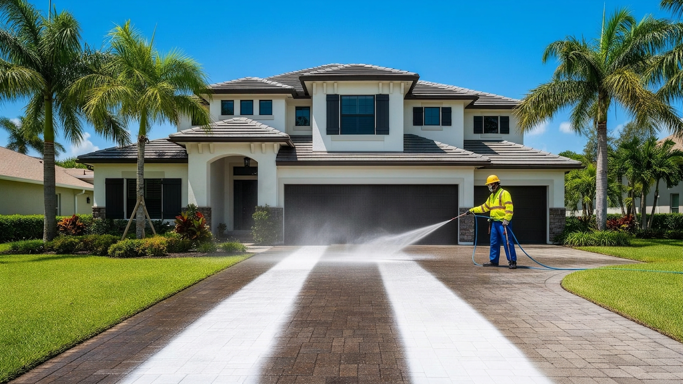 Pressure washing a Brevard County home driveway